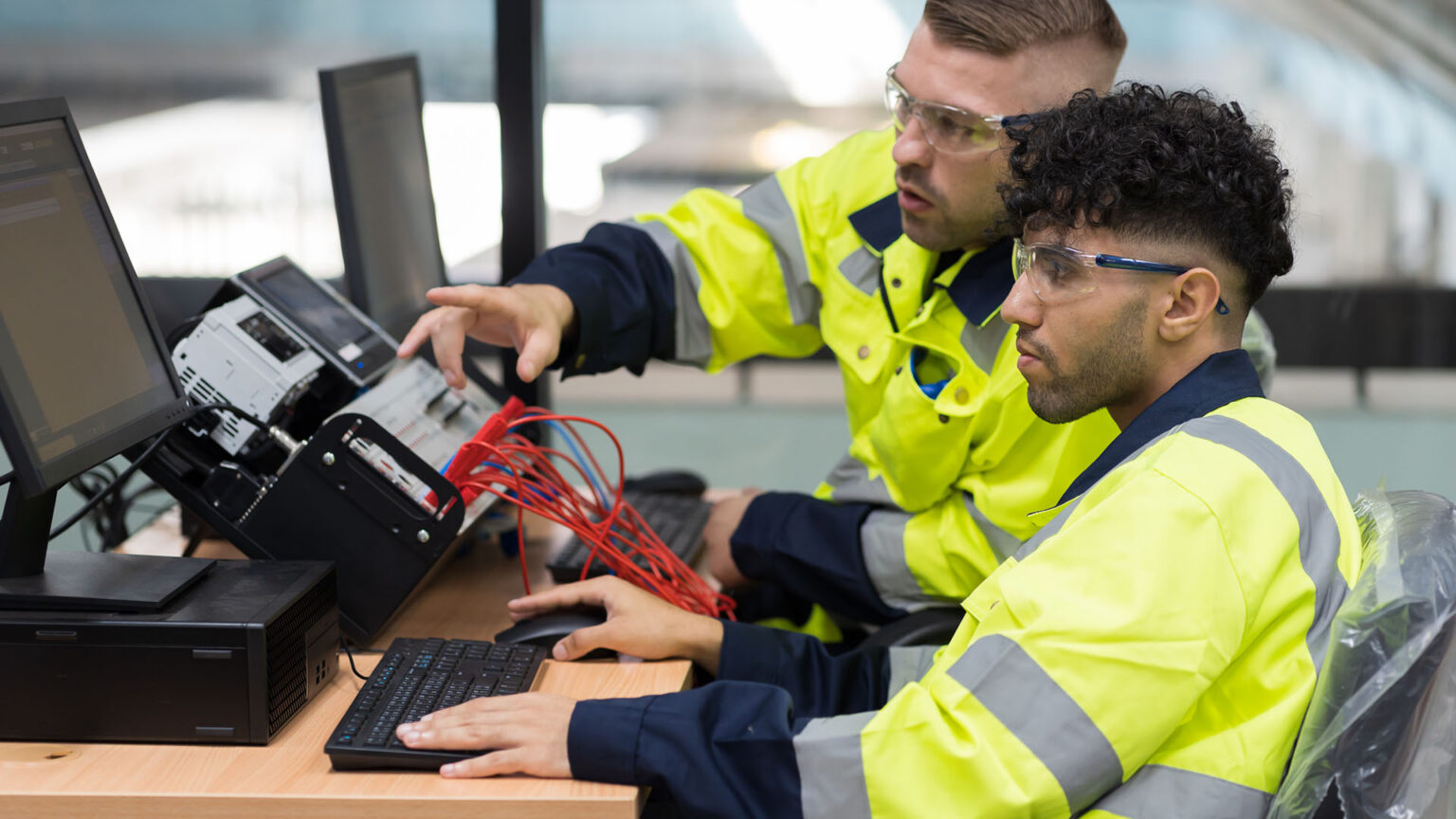 Two engineers learning on a computer