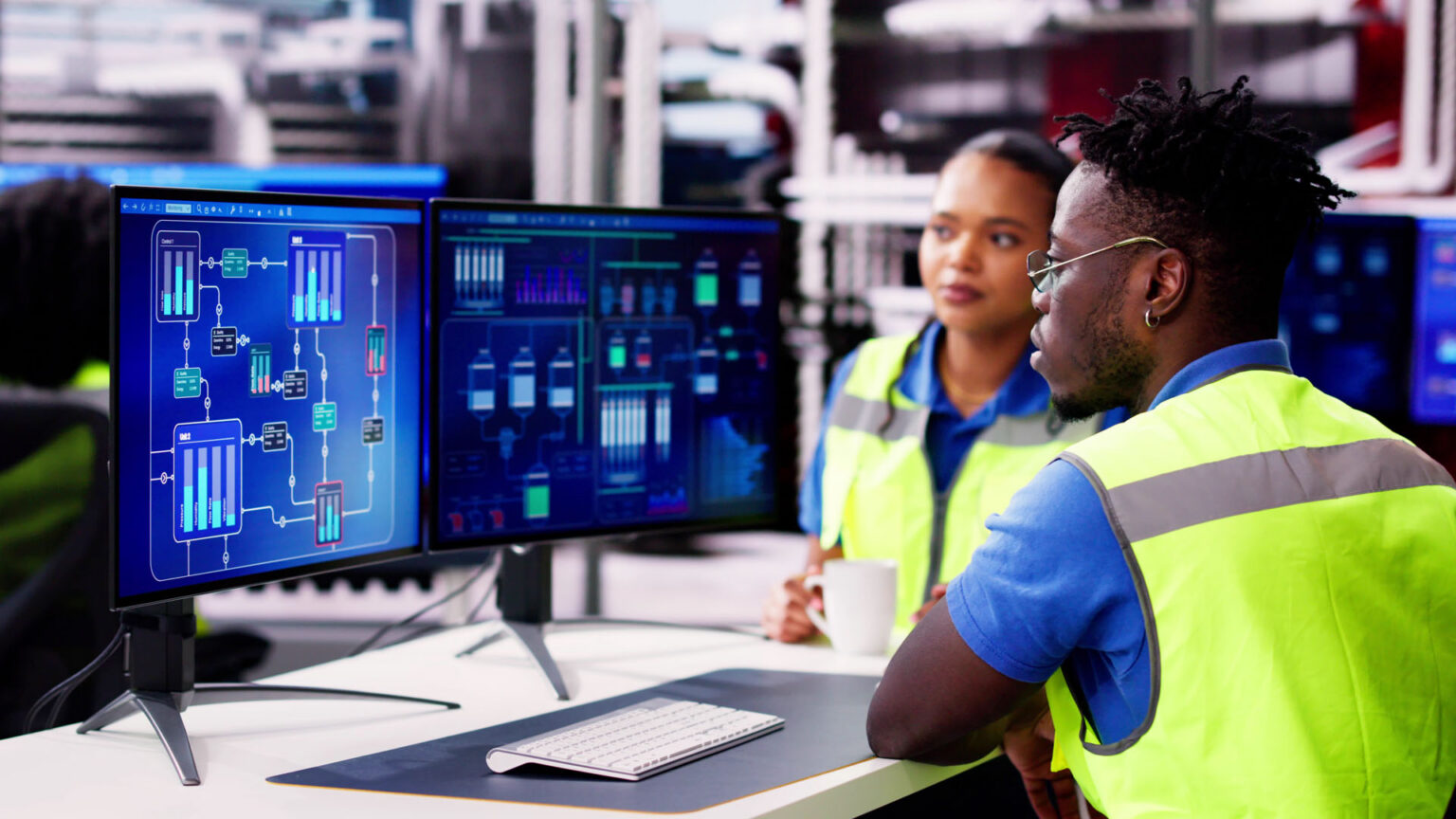 Two engineers looking at data on a computer wearing PPE