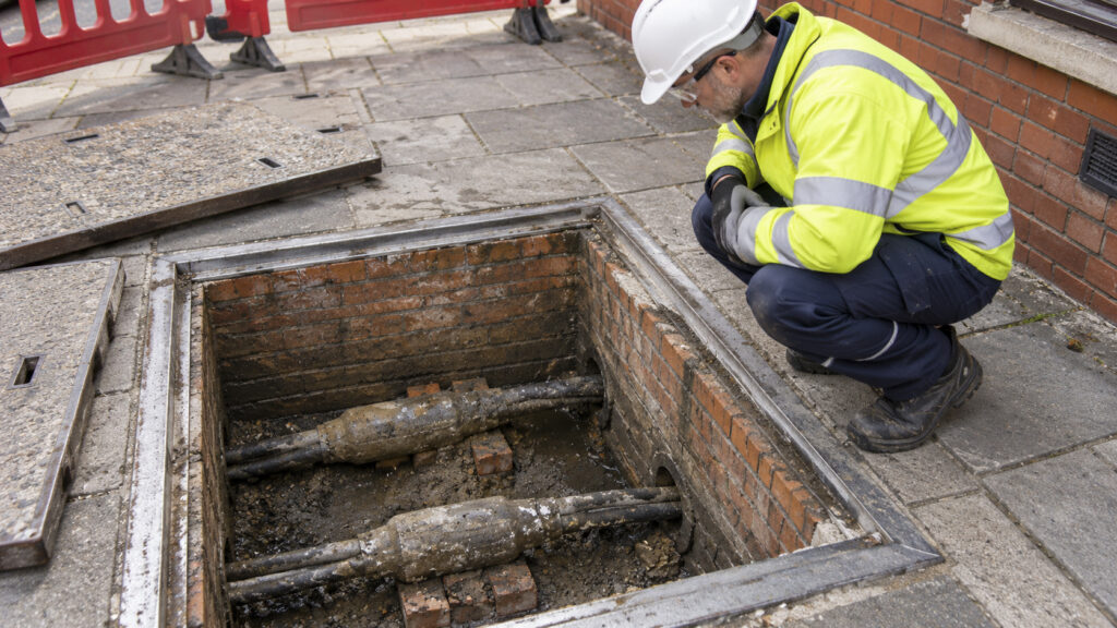 Engineer in PPE inspects open cable pit - AI